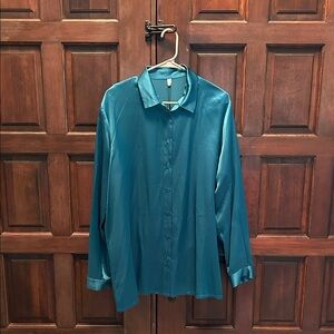 Teal Button-Up Silk Blouse
